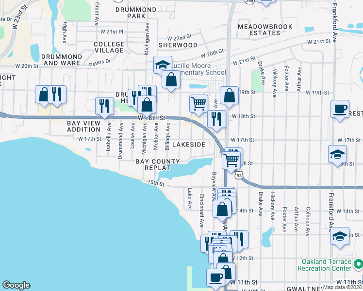 map of restaurants, bars, coffee shops, grocery stores, and more near 1616 Deer Avenue in Panama City