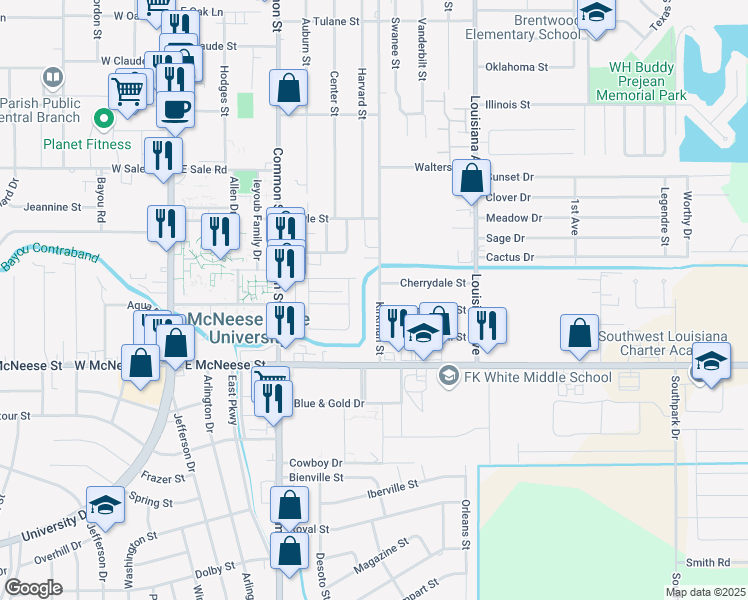map of restaurants, bars, coffee shops, grocery stores, and more near 4336 Kirkman Street in Lake Charles