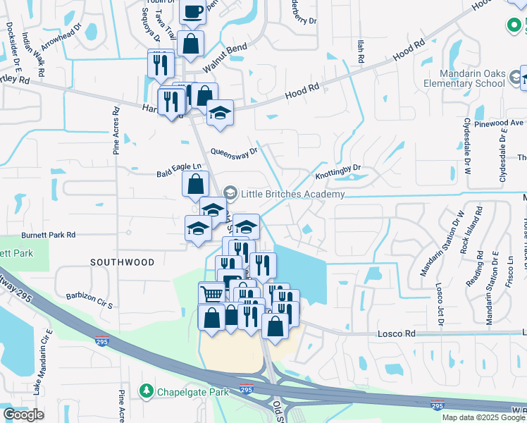 map of restaurants, bars, coffee shops, grocery stores, and more near 4334 Winderbrook Ct in Jacksonville