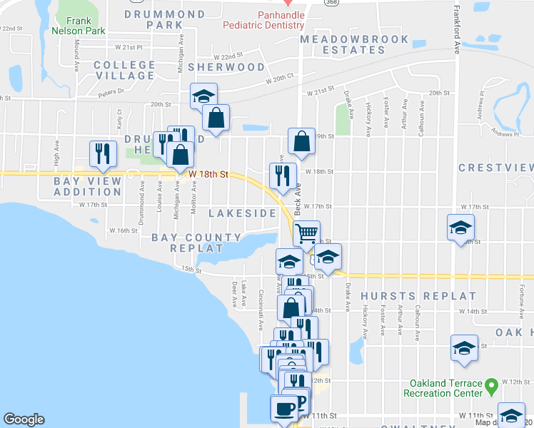 map of restaurants, bars, coffee shops, grocery stores, and more near 1612 Cincinnati Avenue in Panama City