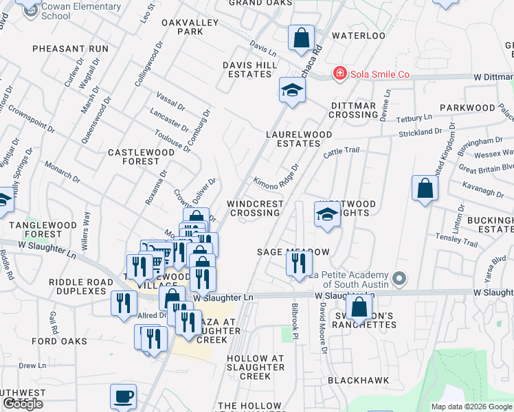 map of restaurants, bars, coffee shops, grocery stores, and more near 9323 Menchaca Road in Austin
