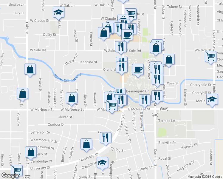 map of restaurants, bars, coffee shops, grocery stores, and more near 210 Aqua Dr in Lake Charles