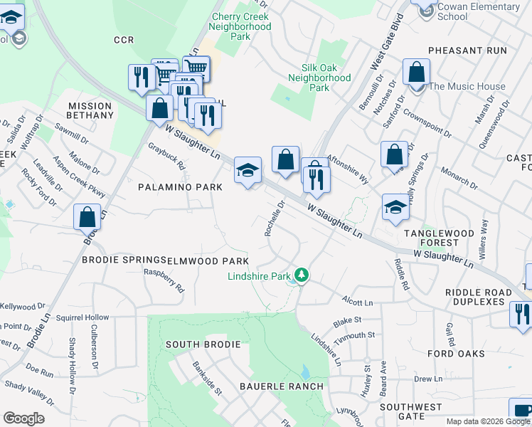 map of restaurants, bars, coffee shops, grocery stores, and more near 3106 Jubilee Trail in Austin
