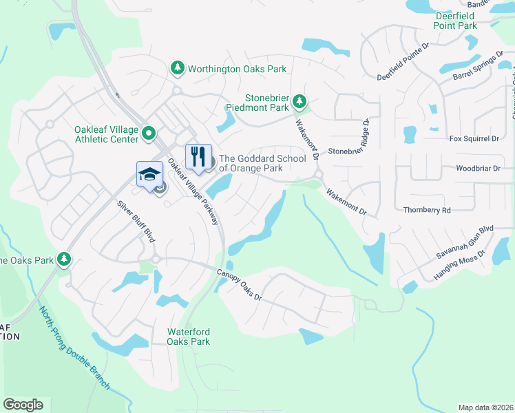 map of restaurants, bars, coffee shops, grocery stores, and more near 688 Timbermill Lane in Orange Park