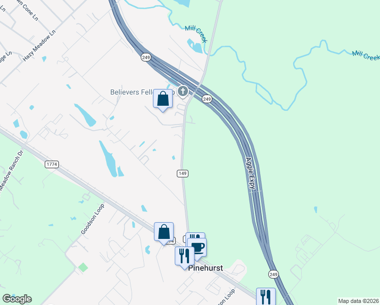 map of restaurants, bars, coffee shops, grocery stores, and more near 36014 Farm to Market 149 in Pinehurst