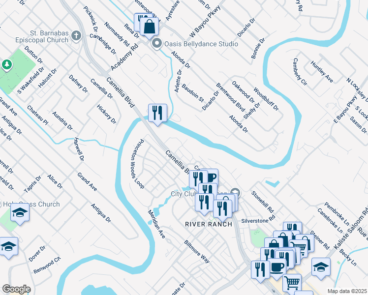 map of restaurants, bars, coffee shops, grocery stores, and more near Elysian Fields in Lafayette
