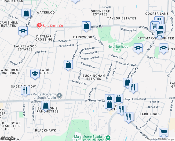 map of restaurants, bars, coffee shops, grocery stores, and more near 8740 Birmingham Drive in Austin