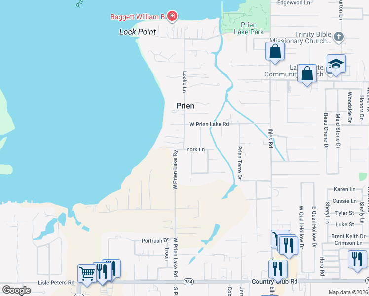 map of restaurants, bars, coffee shops, grocery stores, and more near 4400-4444 W Prien Lake Rd in Lake Charles