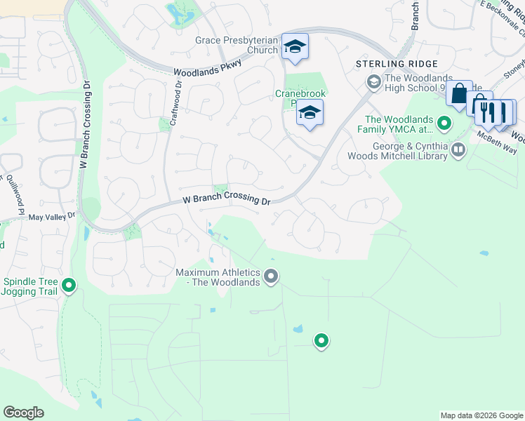map of restaurants, bars, coffee shops, grocery stores, and more near 11 East Matisse Meadow Court in Spring