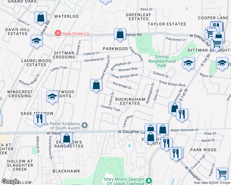 map of restaurants, bars, coffee shops, grocery stores, and more near 8740 Birmingham Drive in Austin