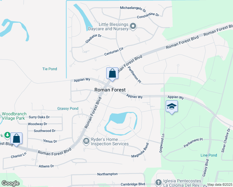 map of restaurants, bars, coffee shops, grocery stores, and more near 2514 Appian Way in New Caney