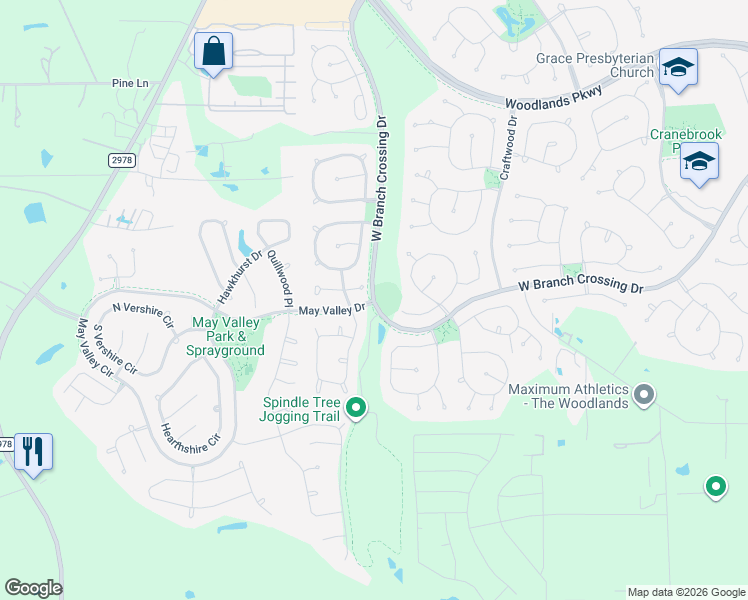 map of restaurants, bars, coffee shops, grocery stores, and more near 11250 West Branch Crossing Drive in Spring