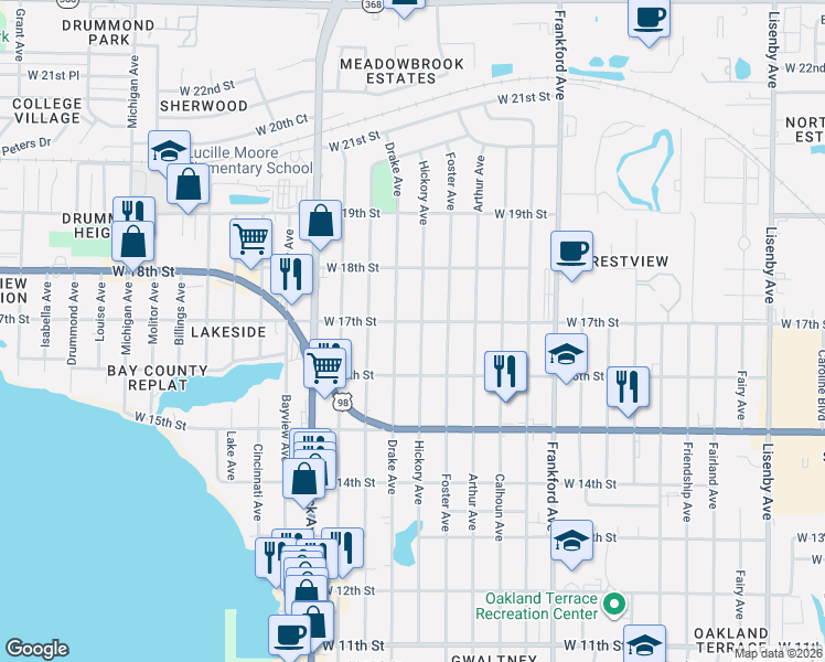 map of restaurants, bars, coffee shops, grocery stores, and more near 1610 Drake Avenue in Panama City