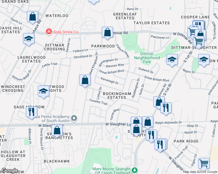 map of restaurants, bars, coffee shops, grocery stores, and more near 8740 Birmingham Drive in Austin