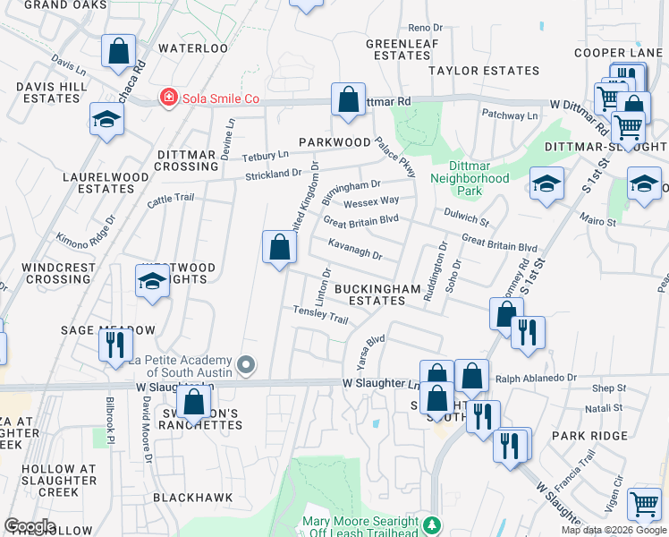 map of restaurants, bars, coffee shops, grocery stores, and more near 8740 Birmingham Drive in Austin