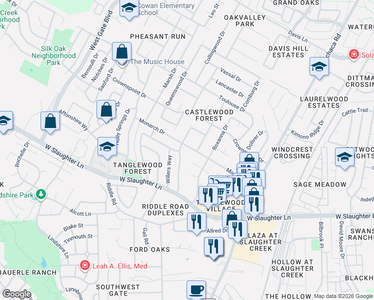 map of restaurants, bars, coffee shops, grocery stores, and more near 2403 Monarch Drive in Austin