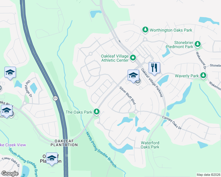 map of restaurants, bars, coffee shops, grocery stores, and more near 2 Silver Bluff Boulevard in Orange Park