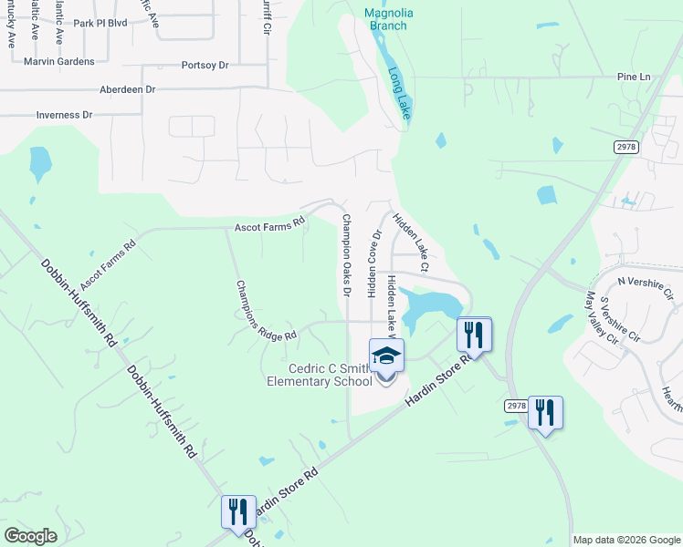 map of restaurants, bars, coffee shops, grocery stores, and more near 28802 Champion Oaks Drive in Magnolia