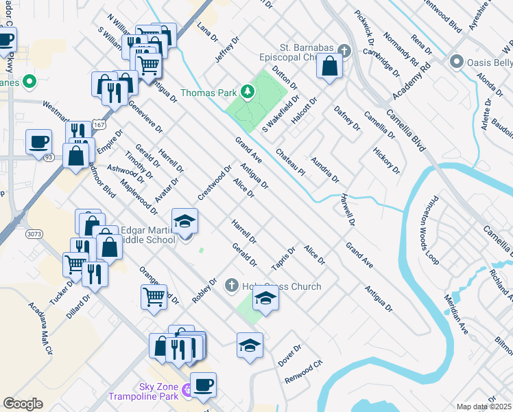 map of restaurants, bars, coffee shops, grocery stores, and more near 504-600 Alice Drive in Lafayette