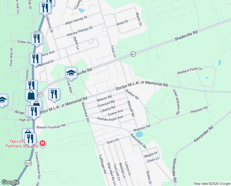 map of restaurants, bars, coffee shops, grocery stores, and more near 107 Nelson Rd in Crawfordville
