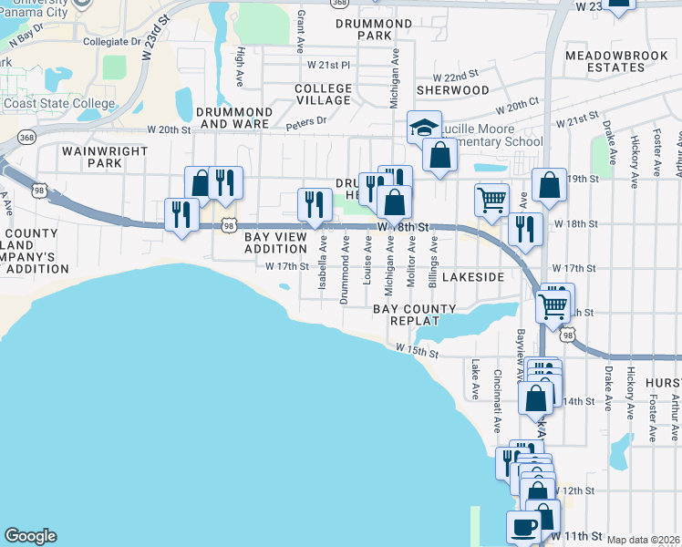 map of restaurants, bars, coffee shops, grocery stores, and more near 1618 Isabella Avenue in Panama City