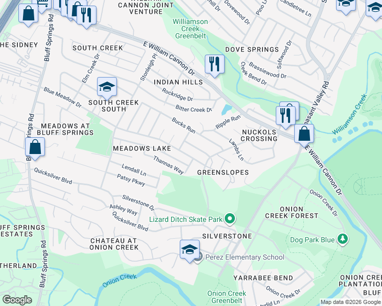 map of restaurants, bars, coffee shops, grocery stores, and more near 4613 Blue Meadow Drive in Austin
