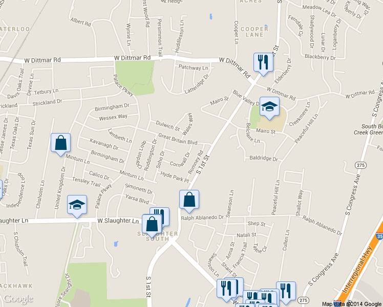 map of restaurants, bars, coffee shops, grocery stores, and more near 8504 Cornwall Drive in Austin