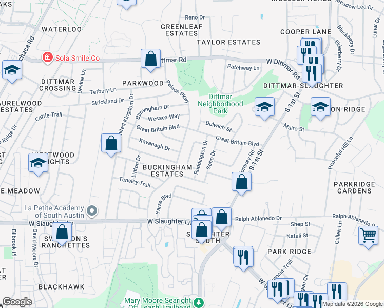 map of restaurants, bars, coffee shops, grocery stores, and more near 8604 Ruddington Drive in Austin
