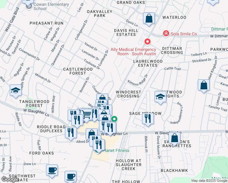 map of restaurants, bars, coffee shops, grocery stores, and more near 9400 Menchaca Road in Austin