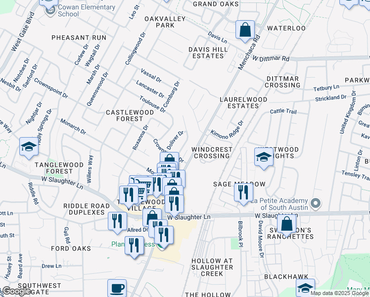 map of restaurants, bars, coffee shops, grocery stores, and more near 9406 Kempler Drive in Austin