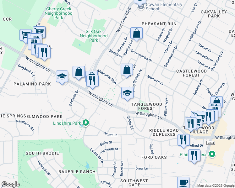map of restaurants, bars, coffee shops, grocery stores, and more near 9806 Brasher Drive in Austin