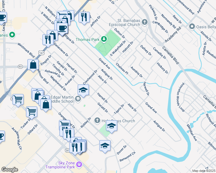 map of restaurants, bars, coffee shops, grocery stores, and more near 504 Alice Drive in Lafayette