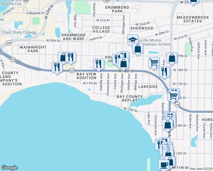 map of restaurants, bars, coffee shops, grocery stores, and more near 1618 Isabella Avenue in Panama City