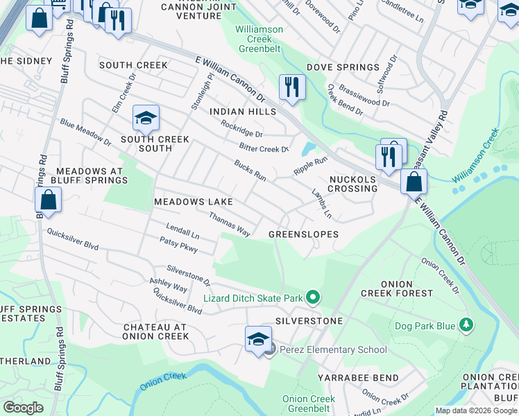 map of restaurants, bars, coffee shops, grocery stores, and more near 4613 Blue Meadow Drive in Austin