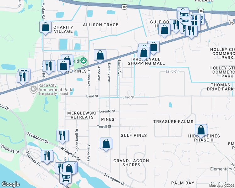 map of restaurants, bars, coffee shops, grocery stores, and more near 8621 Laird Street in Panama City