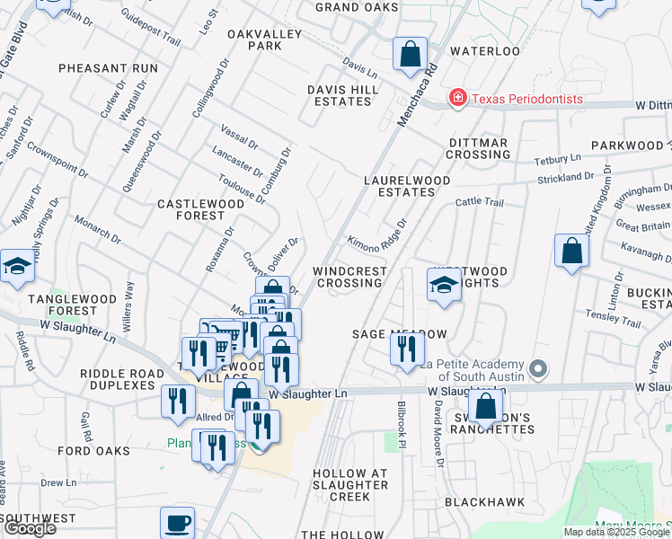 map of restaurants, bars, coffee shops, grocery stores, and more near 9323 Menchaca Road in Austin
