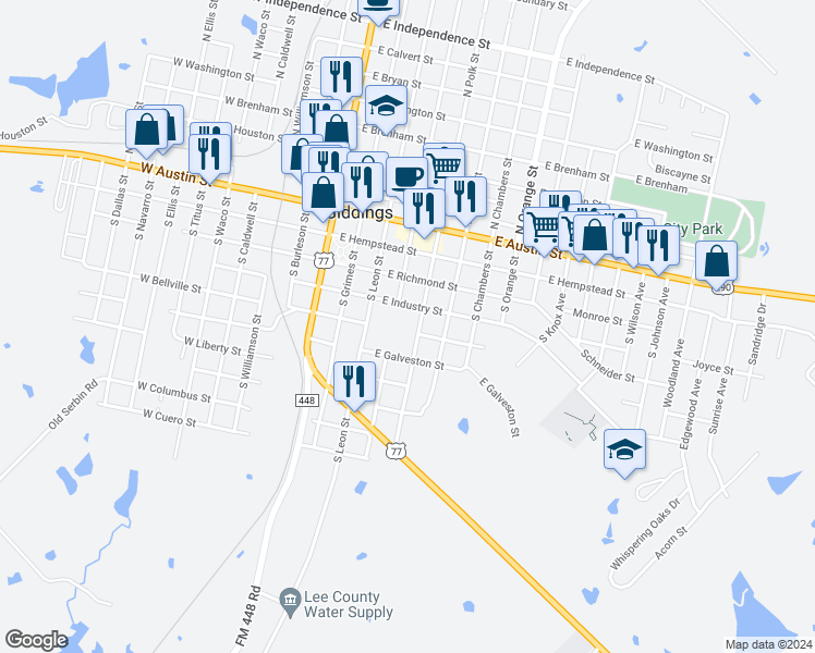 map of restaurants, bars, coffee shops, grocery stores, and more near 497 South Polk Street in Giddings