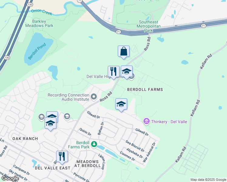 map of restaurants, bars, coffee shops, grocery stores, and more near 5201 Ross Road in Del Valle