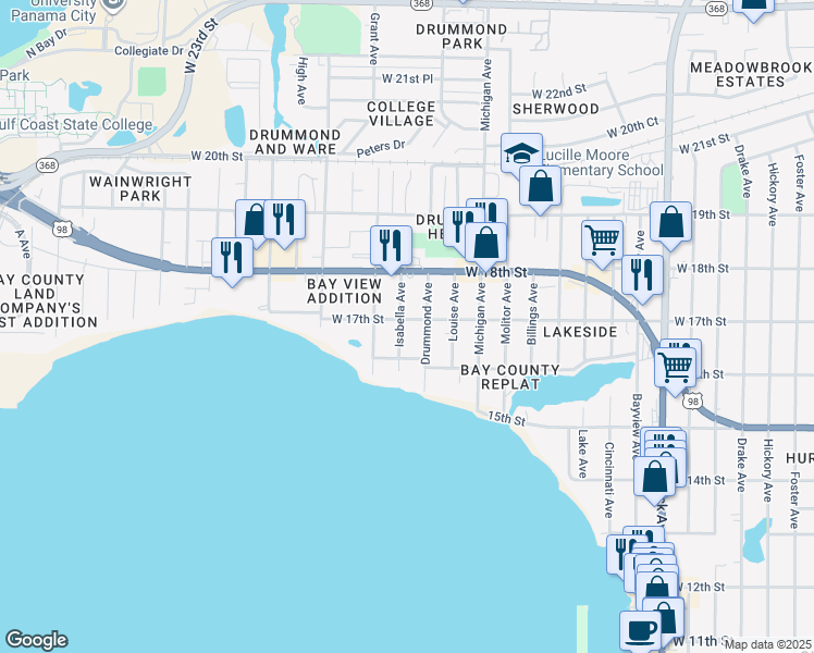 map of restaurants, bars, coffee shops, grocery stores, and more near 1618 Isabella Avenue in Panama City