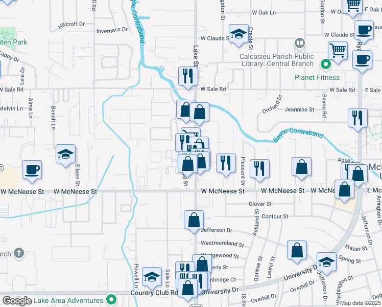 map of restaurants, bars, coffee shops, grocery stores, and more near 4336 Lake Street in Lake Charles