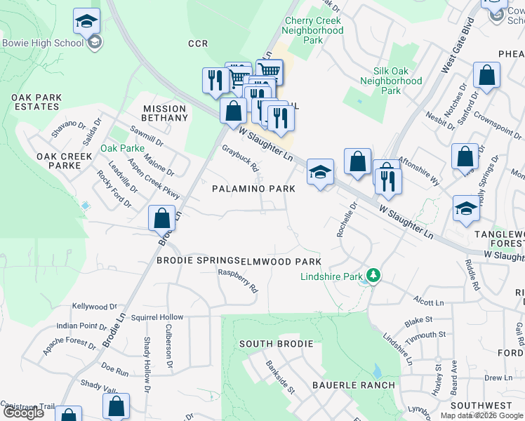 map of restaurants, bars, coffee shops, grocery stores, and more near Hackamore Drive in Austin