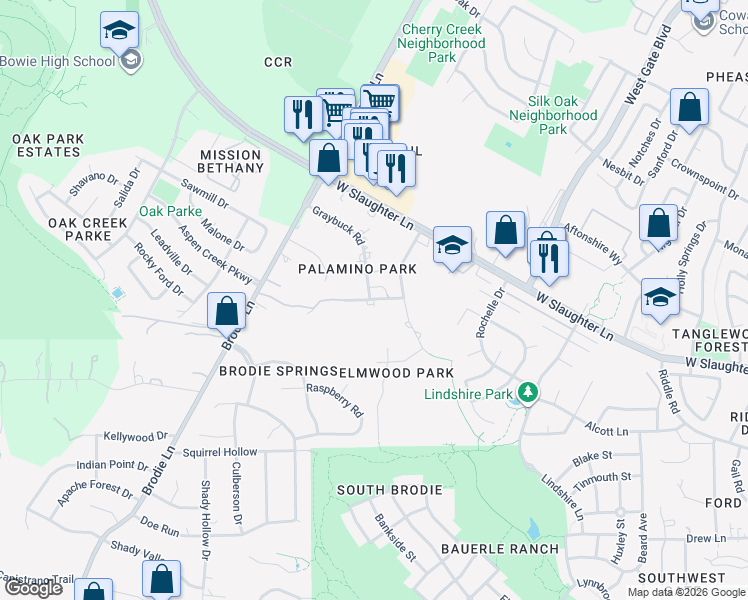 map of restaurants, bars, coffee shops, grocery stores, and more near Hackamore Drive in Austin