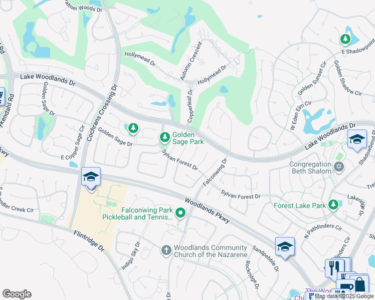 map of restaurants, bars, coffee shops, grocery stores, and more near 13 Cottage Grove Place in The Woodlands