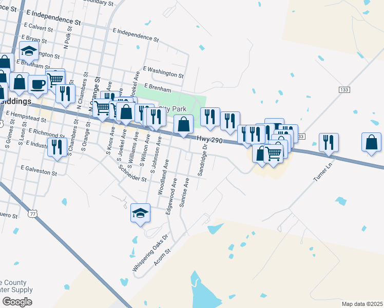 map of restaurants, bars, coffee shops, grocery stores, and more near 235 Sunrise Avenue in Giddings