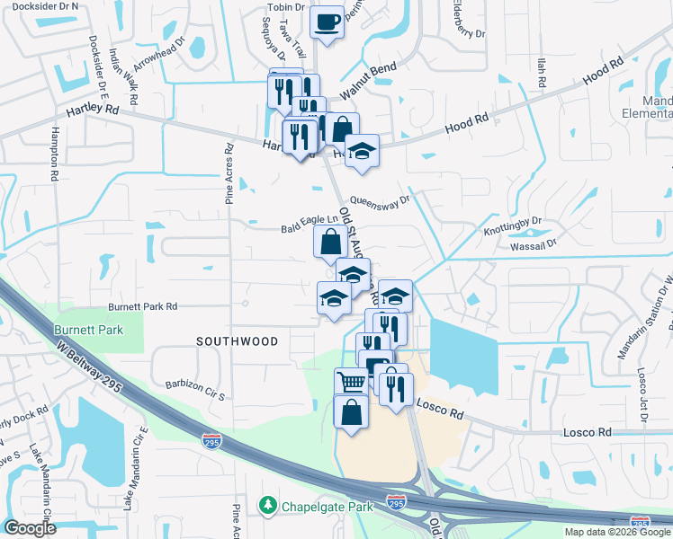map of restaurants, bars, coffee shops, grocery stores, and more near 10800 Old Saint Augustine Road in Jacksonville
