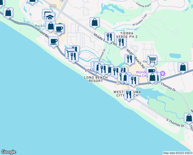 map of restaurants, bars, coffee shops, grocery stores, and more near 10519 Front Beach Road in Panama City Beach