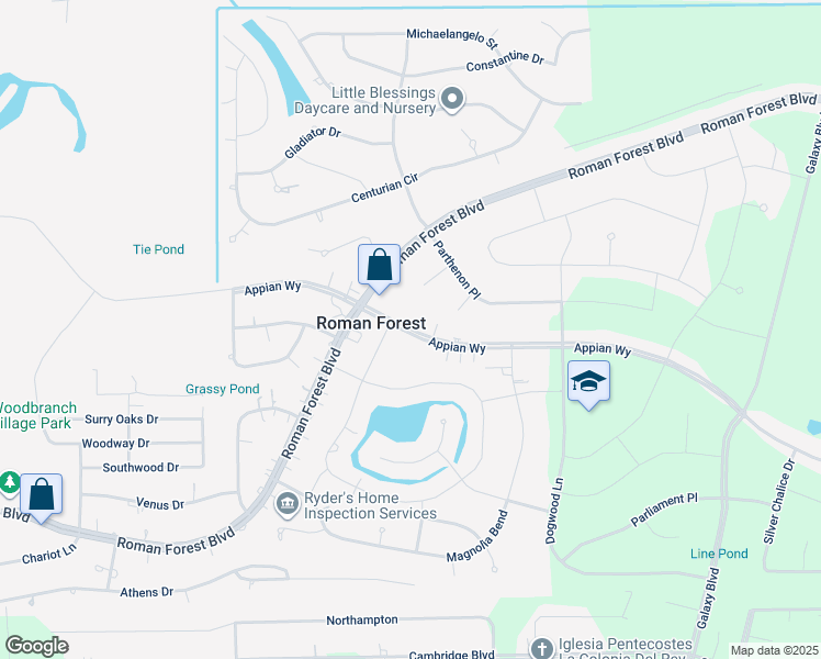map of restaurants, bars, coffee shops, grocery stores, and more near 2514 Appian Way in New Caney