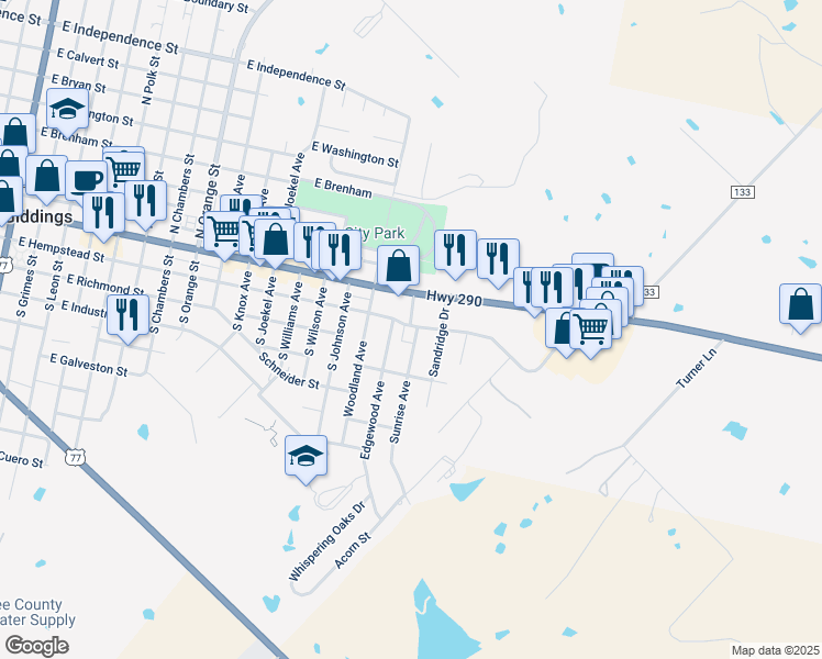 map of restaurants, bars, coffee shops, grocery stores, and more near 14 Edgewood Avenue in Giddings