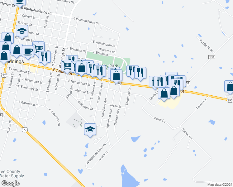 map of restaurants, bars, coffee shops, grocery stores, and more near 14 Edgewood Avenue in Giddings