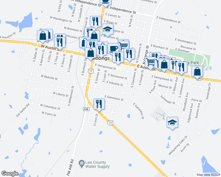 map of restaurants, bars, coffee shops, grocery stores, and more near 497 South Polk Street in Giddings